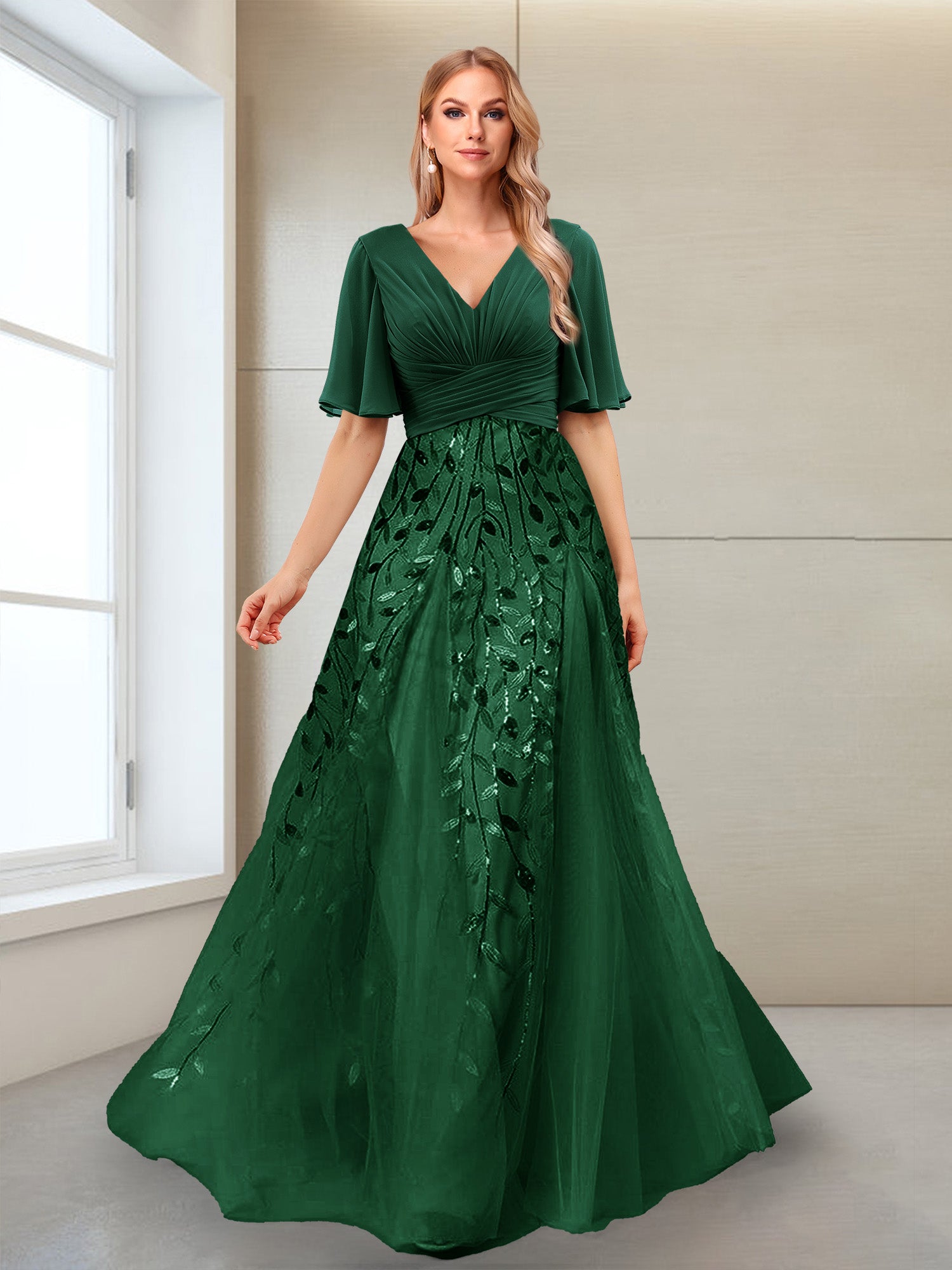 A-Line V-Neck Half Sleeves Mother of the Bride Dresses with Appliques