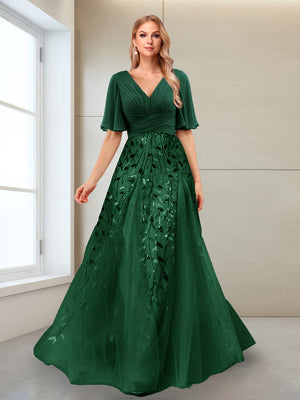 A-Line V-Neck Half Sleeves Split Side Mother of the Bride Dresses with Appliques