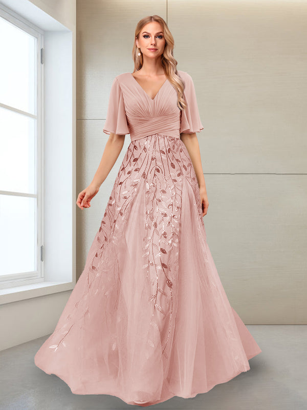 A-Line V-Neck Half Sleeves Split Side Mother of the Bride Dresses with Appliques