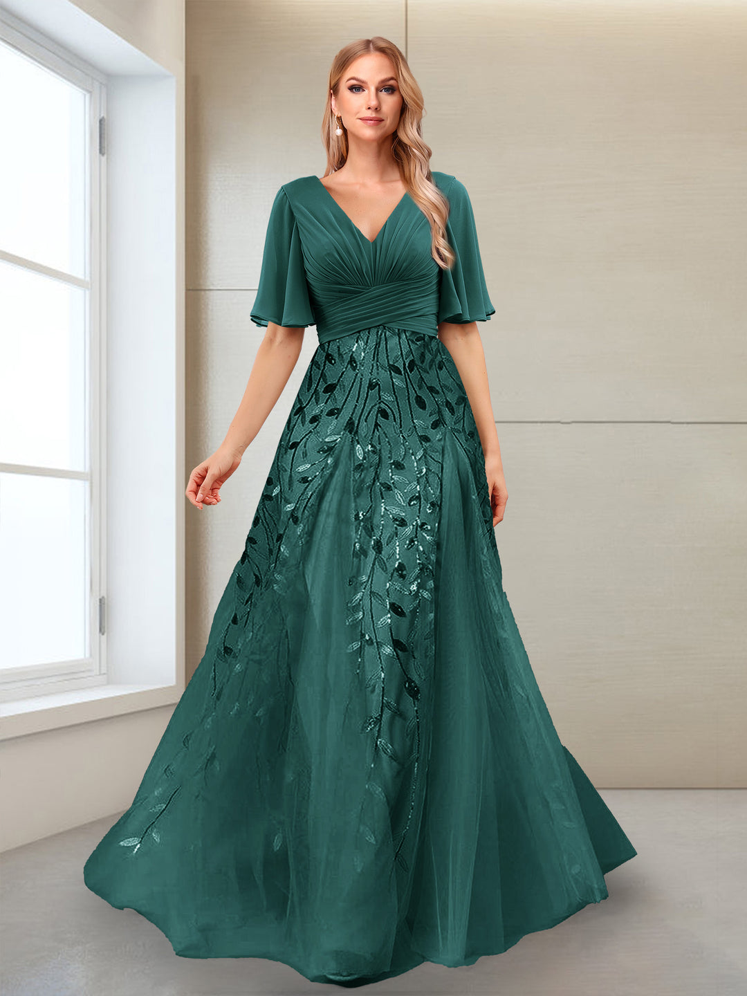 A-Line V-Neck Half Sleeves Mother of the Bride Dresses with Appliques