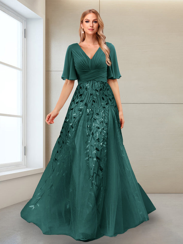 A-Line V-Neck Half Sleeves Mother of the Bride Dresses with Appliques