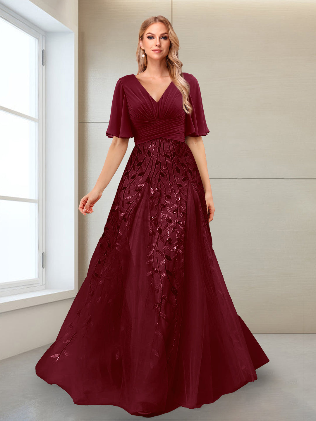 A-Line V-Neck Half Sleeves Mother of the Bride Dresses with Appliques