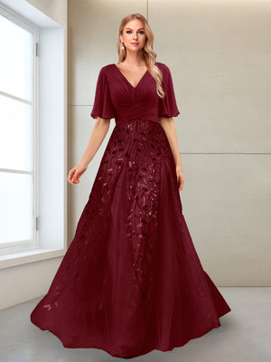 A-Line V-Neck Half Sleeves Split Side Mother of the Bride Dresses with Appliques