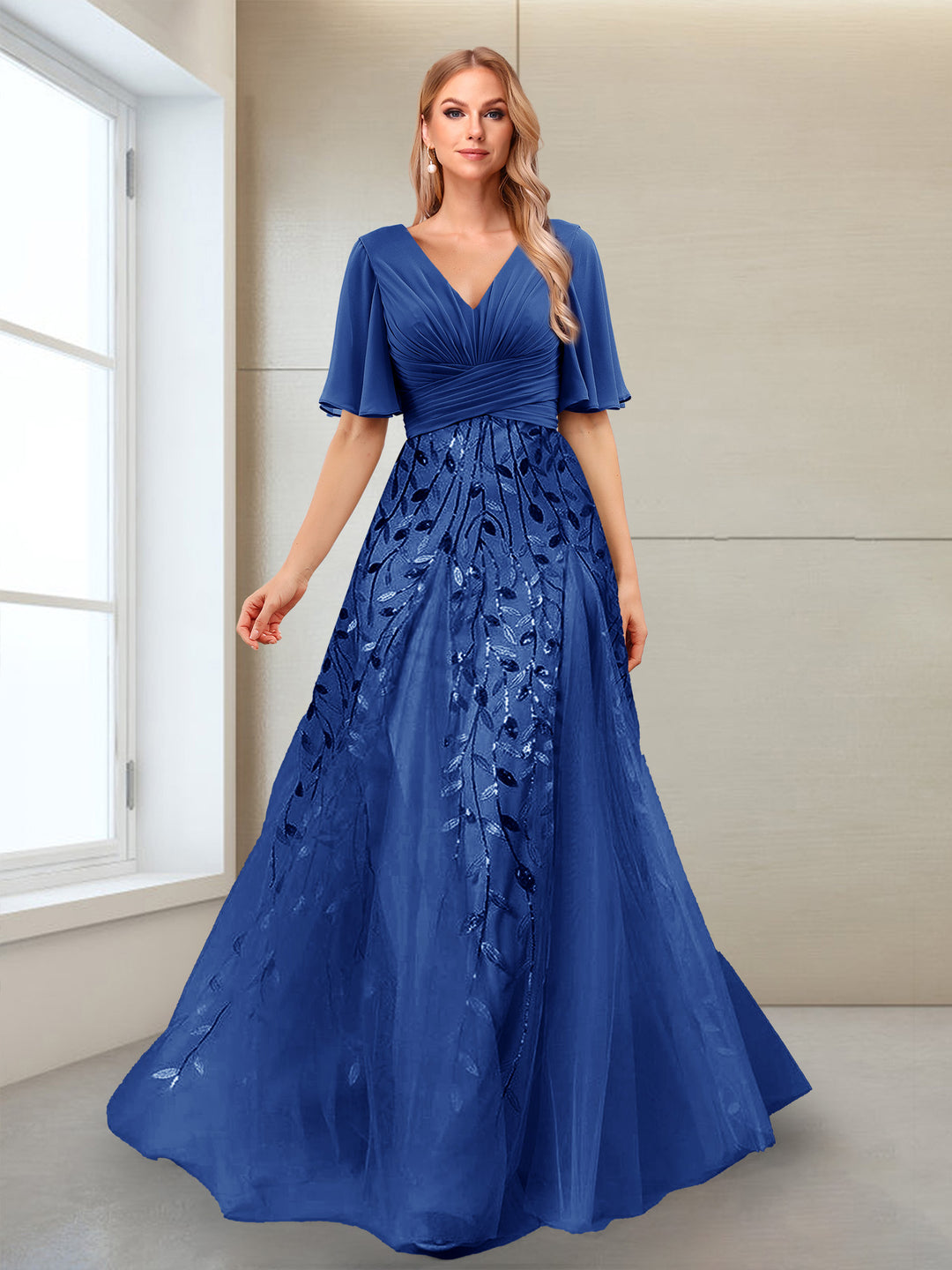 A-Line V-Neck Half Sleeves Mother of the Bride Dresses with Appliques