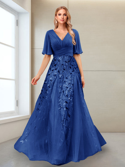 A-Line V-Neck Half Sleeves Mother of the Bride Dresses with Appliques