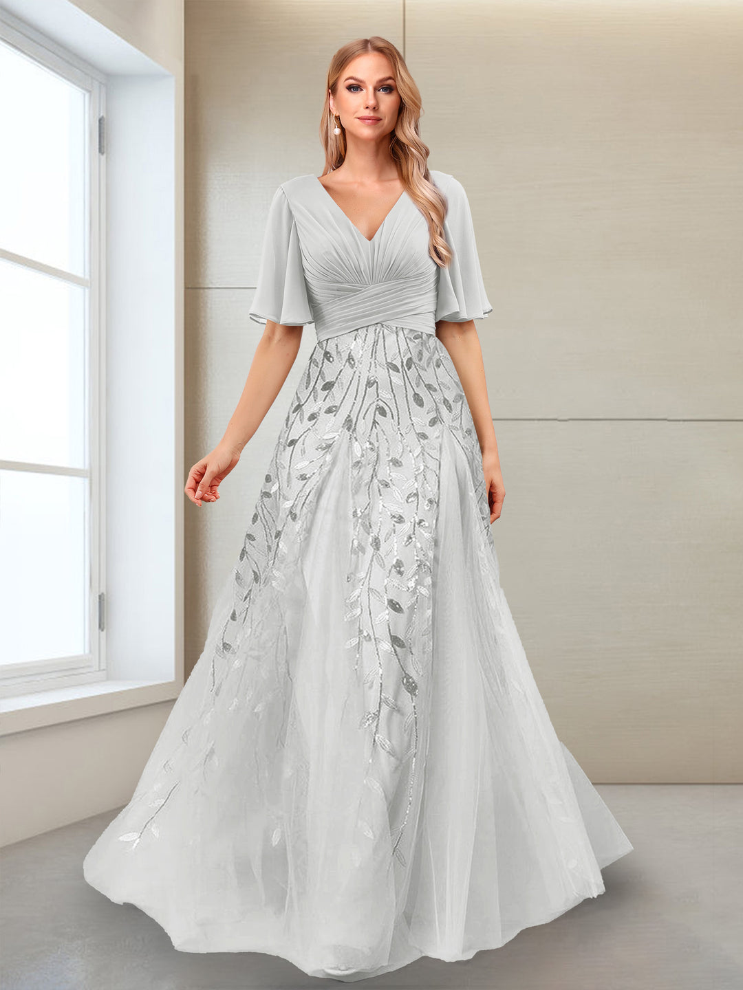 A-Line V-Neck Half Sleeves Mother of the Bride Dresses with Appliques
