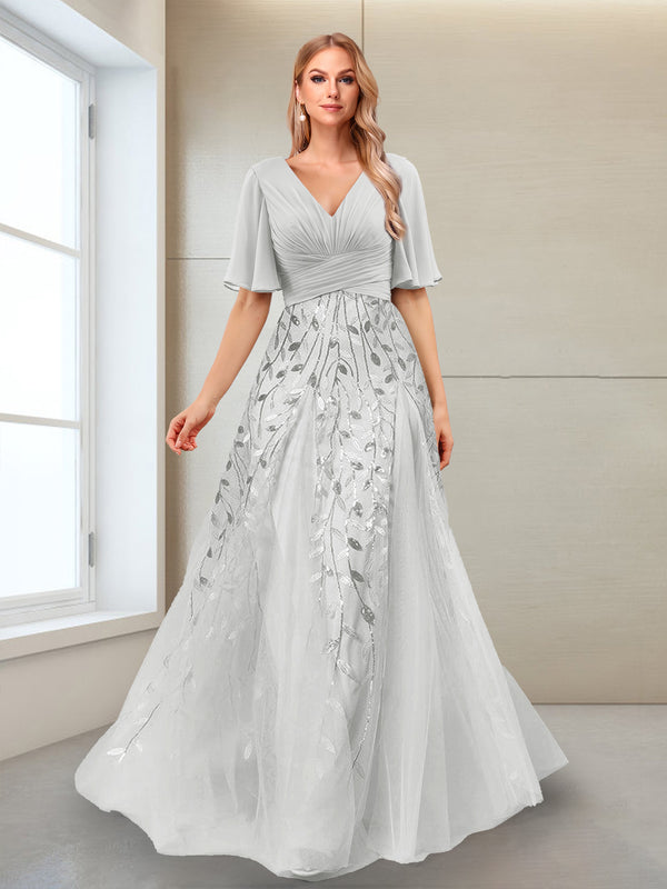 A-Line V-Neck Half Sleeves Split Side Mother of the Bride Dresses with Appliques