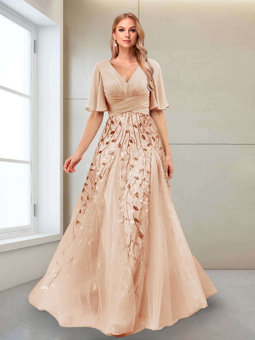 A-Line V-Neck Half Sleeves Mother of the Bride Dresses with Appliques