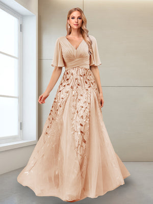 A-Line V-Neck Half Sleeves Split Side Mother of the Bride Dresses with Appliques