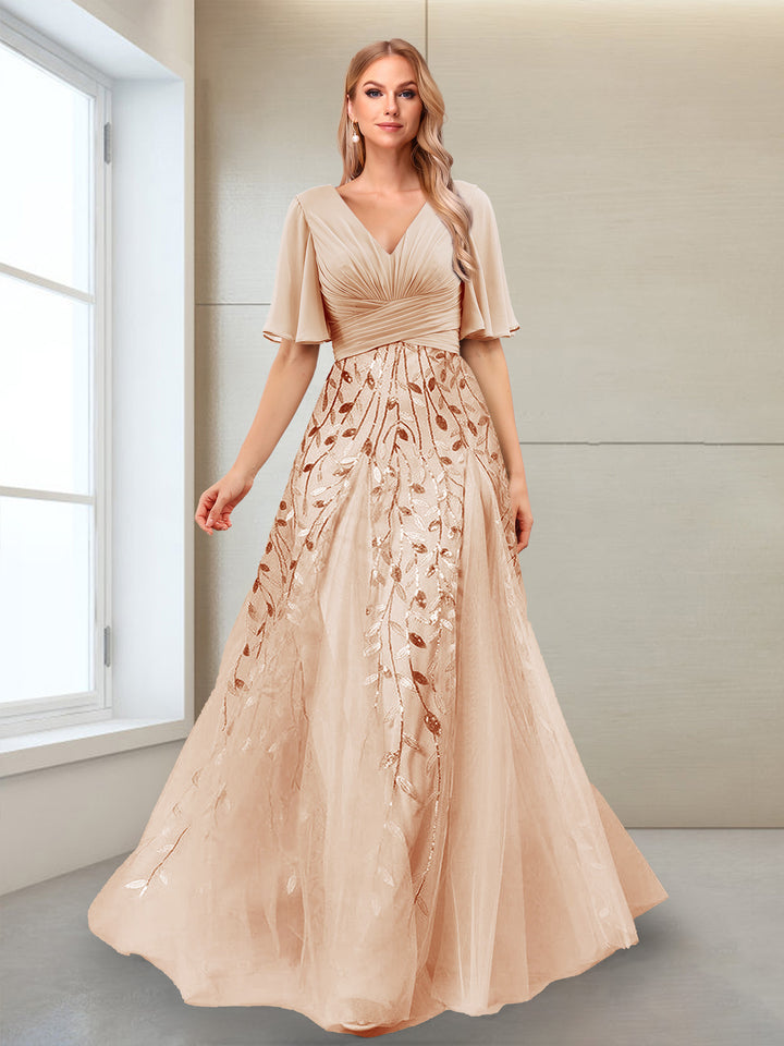 A-Line V-Neck Half Sleeves Mother of the Bride Dresses with Appliques