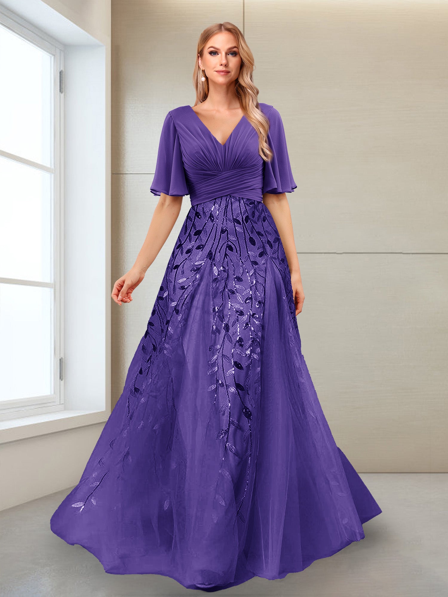 A-Line V-Neck Half Sleeves Mother of the Bride Dresses with Appliques