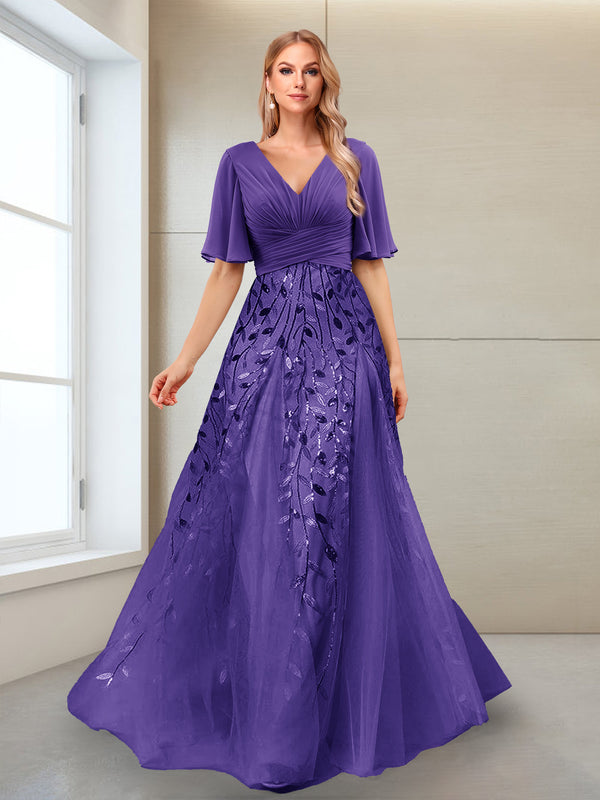 A-Line V-Neck Half Sleeves Split Side Mother of the Bride Dresses with Appliques