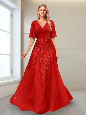 A-Line V-Neck Half Sleeves Split Side Mother of the Bride Dresses with Appliques