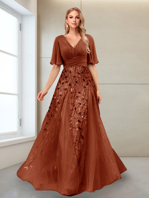 A-Line V-Neck Half Sleeves Split Side Mother of the Bride Dresses with Appliques