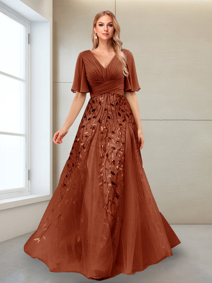 A-Line V-Neck Half Sleeves Mother of the Bride Dresses with Appliques