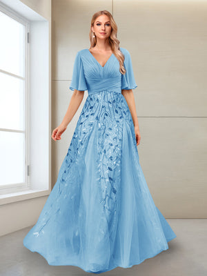 A-Line V-Neck Half Sleeves Split Side Mother of the Bride Dresses with Appliques