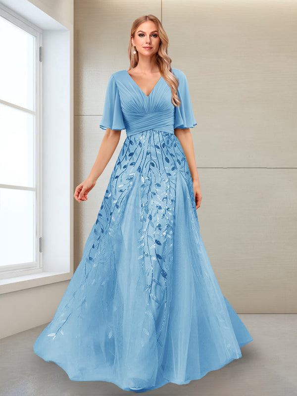A-Line V-Neck Half Sleeves Split Side Mother of the Bride Dresses with Appliques