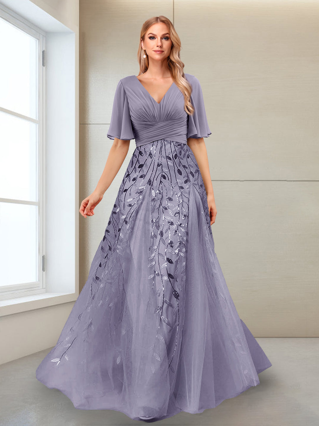 A-Line V-Neck Half Sleeves Mother of the Bride Dresses with Appliques