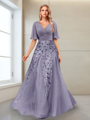 A-Line V-Neck Half Sleeves Split Side Mother of the Bride Dresses with Appliques