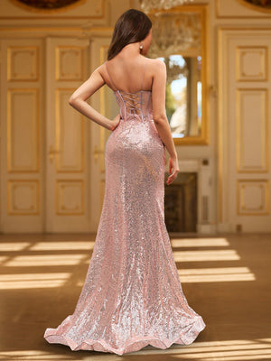 Trumpet/Mermaid Straps Corset Beaded Sequin Long Prom Dresses with Split Side