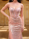 Trumpet/Mermaid Straps Corset Beaded Sequin Long Prom Dresses with Split Side