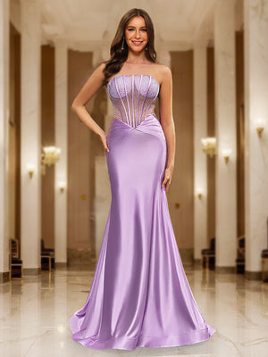 Trumpet/Mermaid Strapless Corset Beaded Long Party Dresses Prom Dresses