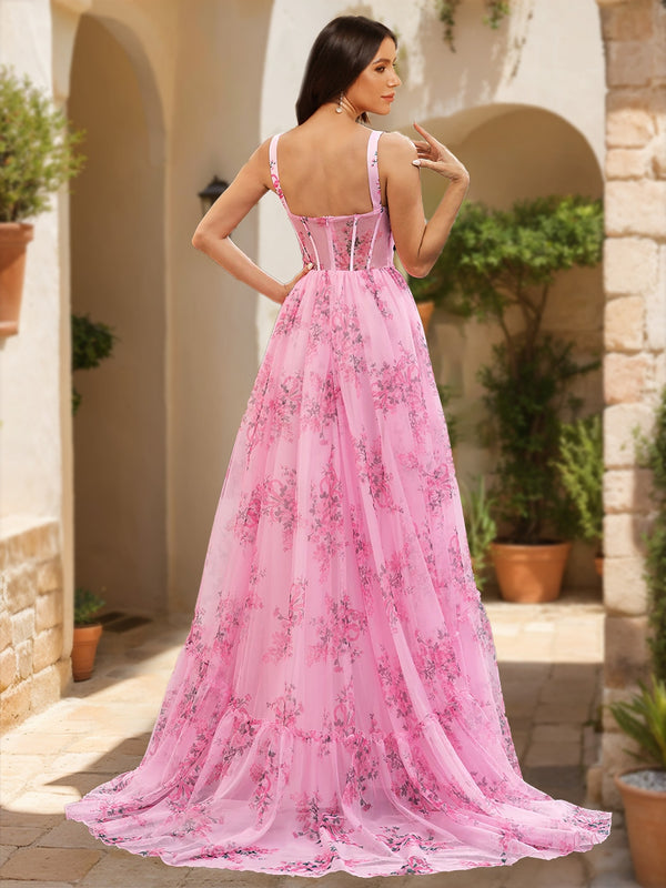 A-Line/Princess Straps Printed Floral Princess Dress Long Prom Dresses