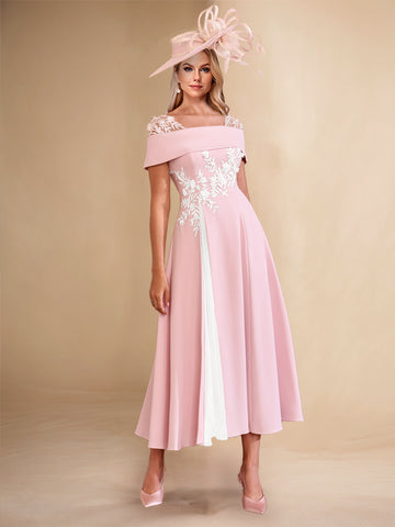 A-Line/Princess Square Neck Short Sleeves Pleated Wedding Guest Dresses with Appliques