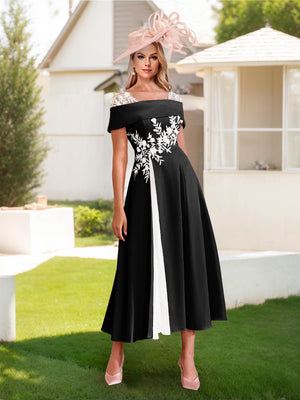 A-Line/Princess Square Neck Short Sleeves Pleated Wedding Guest Dresses with Appliques