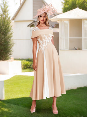 A-Line/Princess Square Neck Short Sleeves Pleated Wedding Guest Dresses with Appliques