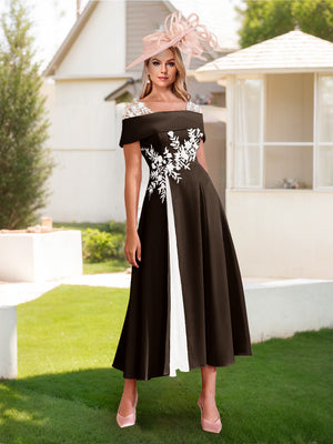 A-Line/Princess Square Neck Short Sleeves Pleated Wedding Guest Dresses with Appliques