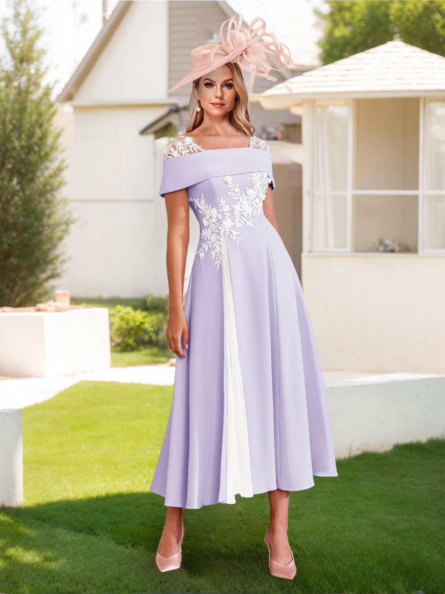 Lavetir Light Champagne A-Line/Princess Square Neck Short Sleeves Pleated Wedding Guest Dresses with Appliques 2026