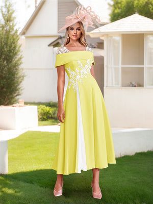 A-Line/Princess Square Neck Short Sleeves Pleated Wedding Guest Dresses with Appliques