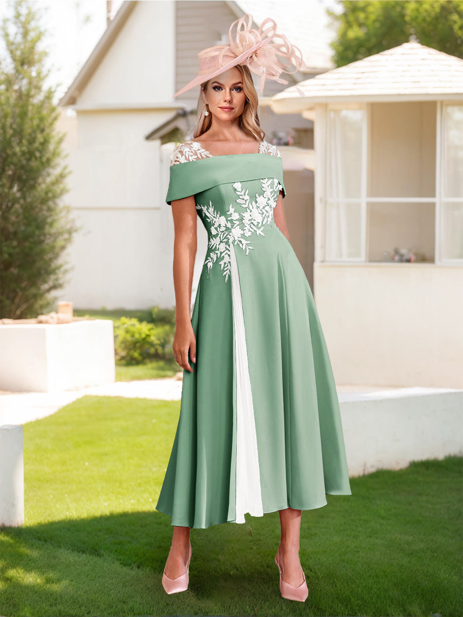 Lavetir Plum A-Line/Princess Square Neck Short Sleeves Pleated Wedding Guest Dresses with Appliques 2026