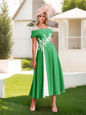A-Line/Princess Square Neck Short Sleeves Pleated Wedding Guest Dresses with Appliques