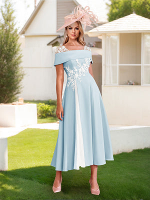 A-Line/Princess Square Neck Short Sleeves Pleated Wedding Guest Dresses with Appliques