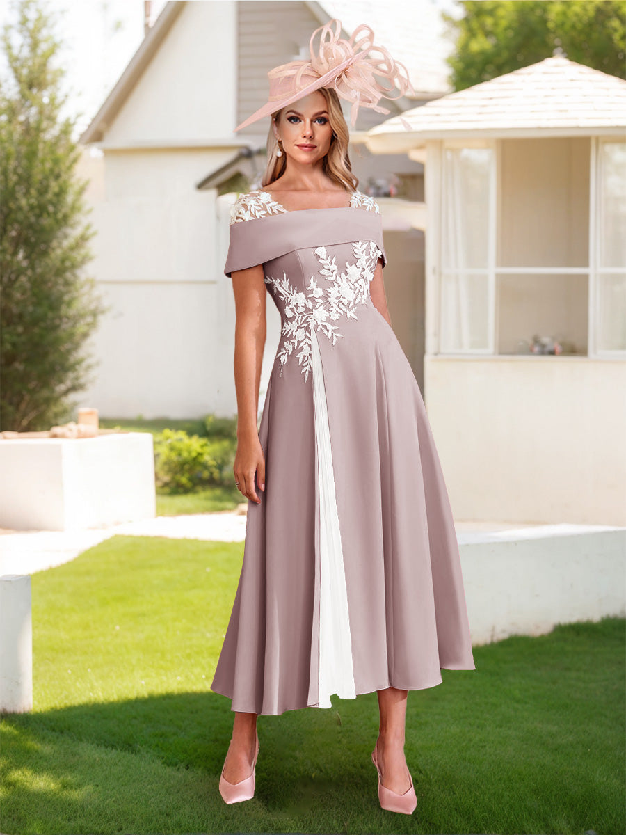 Lavetir Light Champagne A-Line/Princess Square Neck Short Sleeves Pleated Wedding Guest Dresses with Appliques 2026