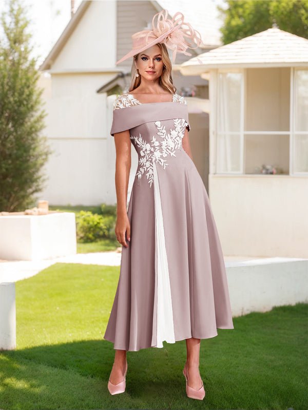A-Line/Princess Square Neck Short Sleeves Pleated Wedding Guest Dresses with Appliques