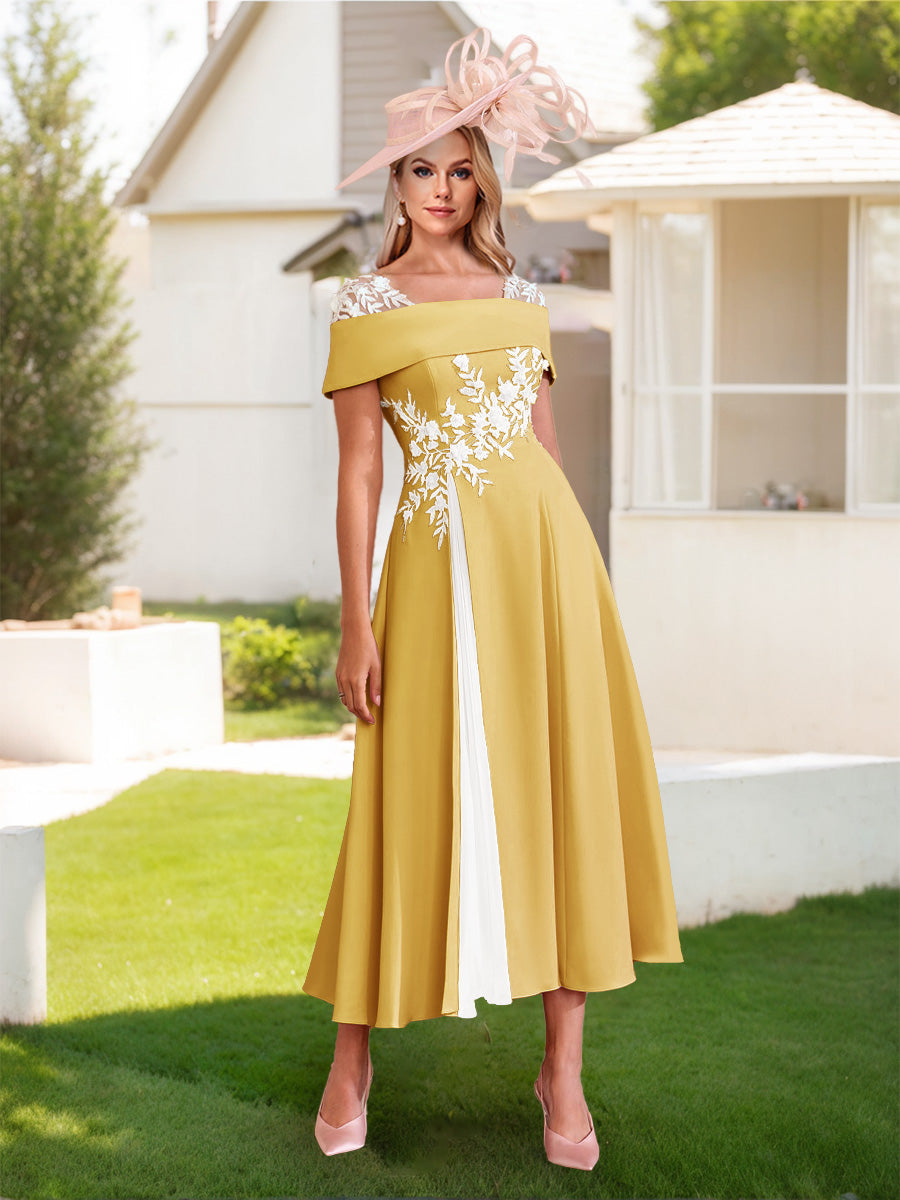 Lavetir Light Champagne A-Line/Princess Square Neck Short Sleeves Pleated Wedding Guest Dresses with Appliques 2026