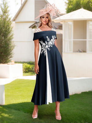 A-Line/Princess Square Neck Short Sleeves Pleated Wedding Guest Dresses with Appliques
