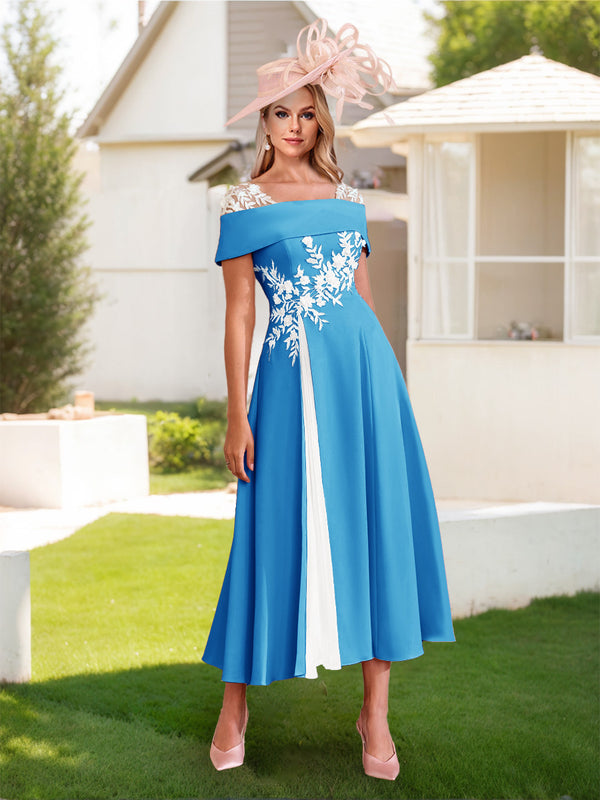 A-Line/Princess Square Neck Short Sleeves Pleated Wedding Guest Dresses with Appliques