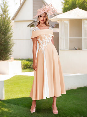 A-Line/Princess Square Neck Short Sleeves Pleated Wedding Guest Dresses with Appliques