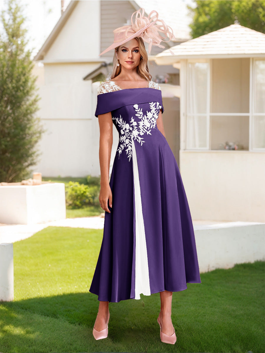Lavetir Navy Blue A-Line/Princess Square Neck Short Sleeves Pleated Wedding Guest Dresses with Appliques 2026