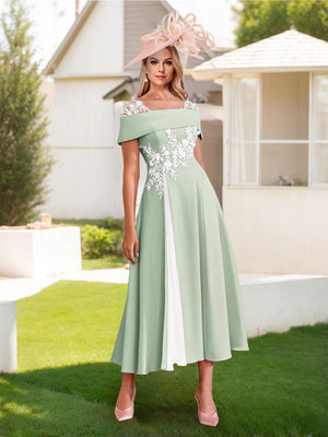 A-Line/Princess Square Neck Short Sleeves Pleated Wedding Guest Dresses with Appliques