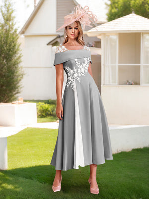 A-Line/Princess Square Neck Short Sleeves Pleated Wedding Guest Dresses with Appliques