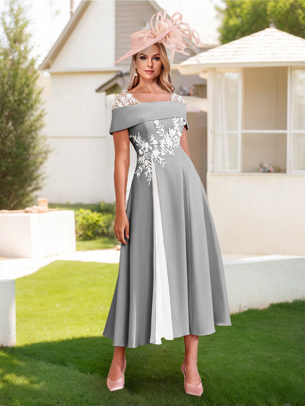 A-Line/Princess Square Neck Short Sleeves Pleated Wedding Guest Dresses with Appliques