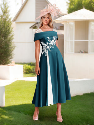 A-Line/Princess Square Neck Short Sleeves Pleated Wedding Guest Dresses with Appliques