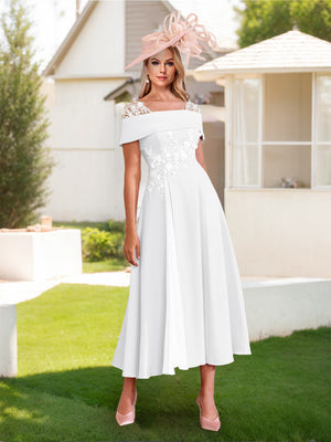 A-Line/Princess Square Neck Short Sleeves Pleated Wedding Guest Dresses with Appliques
