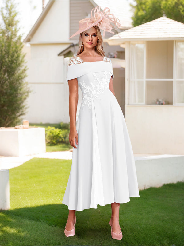 A-Line/Princess Square Neck Short Sleeves Pleated Wedding Guest Dresses with Appliques