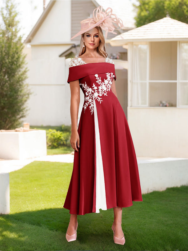 A-Line/Princess Square Neck Short Sleeves Pleated Wedding Guest Dresses with Appliques